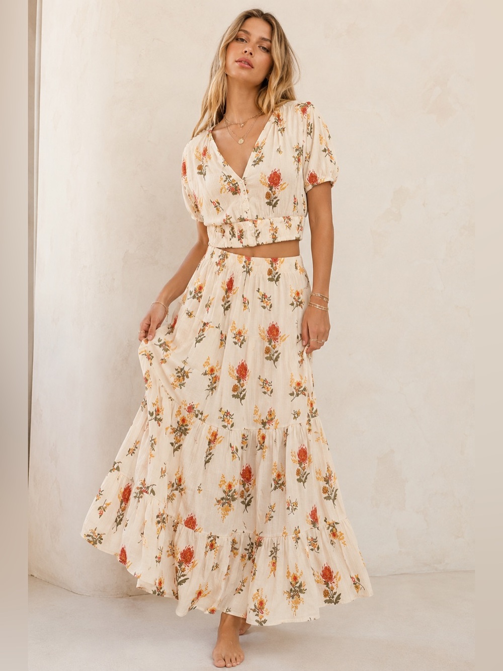 J. Glee Cream Floral Tiered Maxi Skirt and Crop Top SET in Large